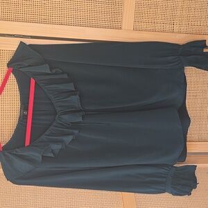 J. Crew Dark Green Ruffle Blouse 100% Silk Lightweight Medium Holiday Party